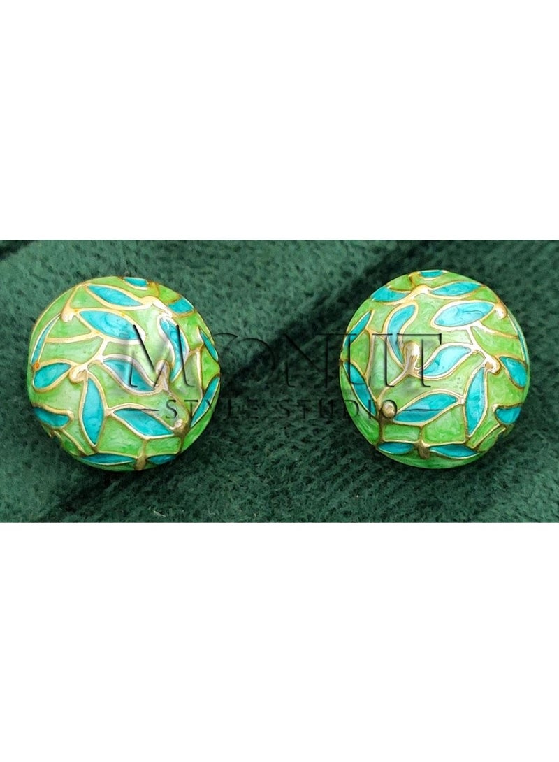 Moonlit Style Studio - Meenakari - Feroza Green & Gold Enamel Stud Earrings - Image 2